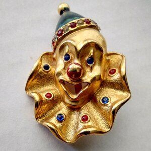 Vintage Clown Brooch Pin Rhinestones Enamel Gold Tone Metal Gerry's